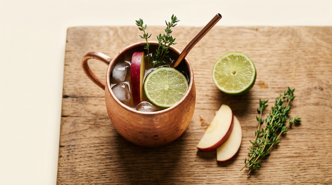 Orchard Mule in a copper mug with ice, apple slice, lime and thyme on a wooden board