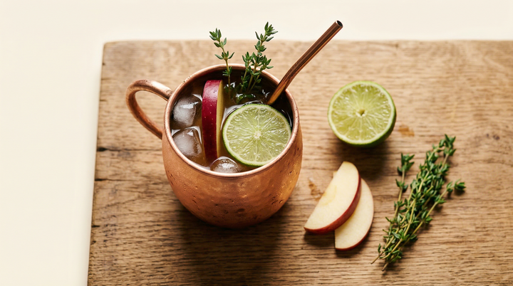 Orchard Mule in a copper mug with ice, apple slice, lime and thyme on a wooden board