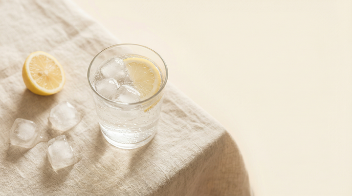 Ginger Sparkle in a glass with ice and a lemon slice on a linen tablecloth