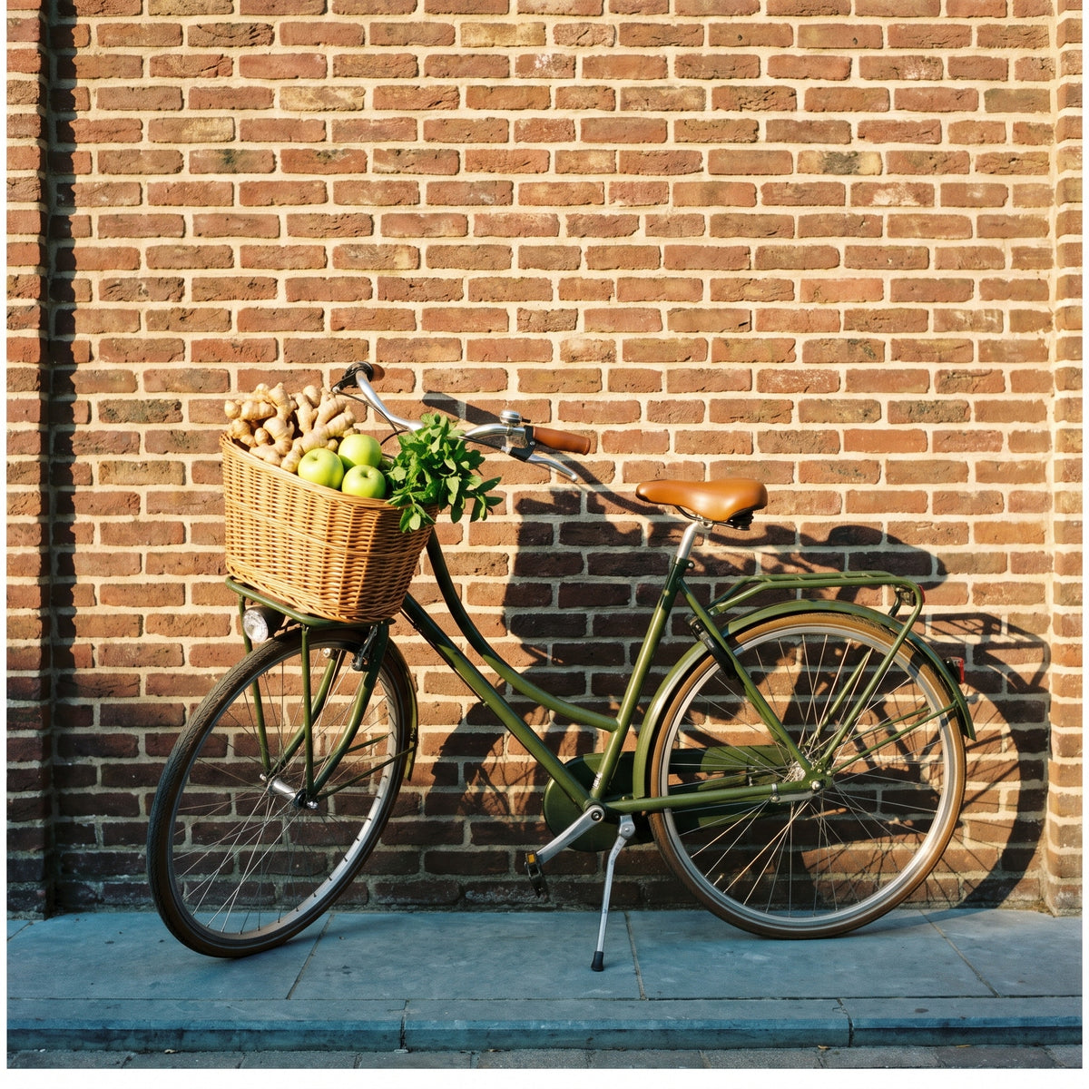 A classic Flemish bicycle with ginger, apples and mint in its basket against a Belgian brick wall